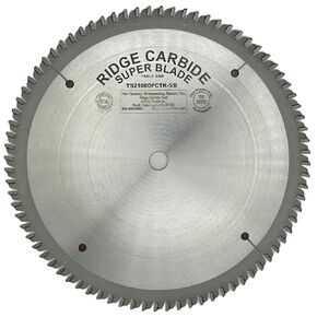 Ridge Carbide 10" 80T, Crosscut Table Saw Blade, Modified Triple Chip Grind (TC45),+5° Hook, 5/8" Bore, Plate Thickness 0.072", Thin Kerf (0.110") for Cutting Plex-Cut for Cutting Plastics
