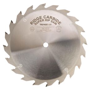 Ridge Carbide 10" 20T Super Rip Blade Table Saw Blade, Straight Top Grind (STR),+20° Hook, 5/8" Bore, Plate Thickness 0.094", Full Kerf (0.125") Super Rip Blade for Cutting Wood and Sheet Goods