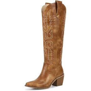 wetkiss Womens Cowboy Boots Side Zipper Ladies Cowgirl Knee High Boots,Comfortable Retro Tall Vintage Embroidery Pointed Toe Block Chunky Heel