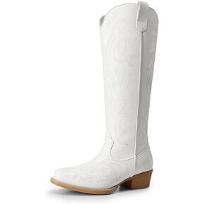 DREAM PAIRS Womens Cowboy Boots Comfortable Cowgirl Knee High Boots Pull On Side Zipper Chunky Heel Embroidered Western Boots