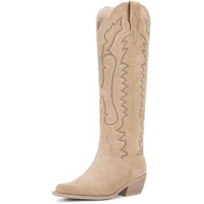 wetkiss Embroidery Cowboy Boots for Women with Zipper Pointed Toe Chunky Low Heel Cowgirl Boots