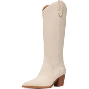 femflame Cowboy Boots for Women Pointed Toe Chunky Heel Knee High Boots Embroidered Western Boots