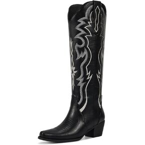 wetkiss Black Cowboy Boots for Women Knee High Cowgirl Tall Boots with Classic Retro Embroidered Chunky Heel Slip On Pointed Toe Womens Western Boots for Girls Ladies