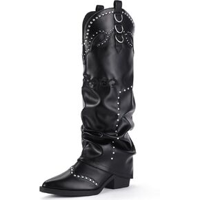 IDIFU IN2 Fold Over Cowboy Boots for Women Cowgirl Knee High Western Embroidered Pointed Toe Slouchy Low Short Block Chunky Heel Zipper Comfort Fashion Cute Trendy Prom Dressy Fall Boots