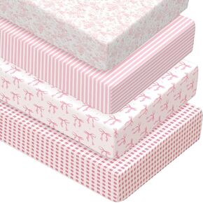 Peryiter 4 Pack Crib Sheets Girl Soft Baby Bed Sheet Set 52'' x 28" Pink Plaid Nursery Crib Sheets for Standard Bed for Nursery Decor Baby Boys or Girls(Coqette Bow)