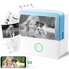 Mini Sticker Printer, Portable Thermal Inkless Sticker Maker Machine, Bluetooth Pocket Print Pods with 6 Roll Paper for Photo, Study Notes, Receipt, Journals, Compatible with Phone & Tablet, Blue