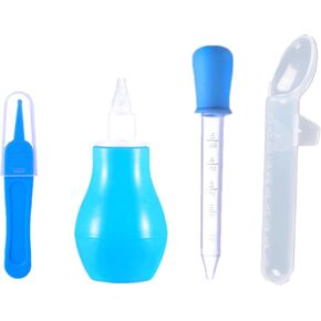Baby Nasal Aspirator Care Set, Silicone Ball Nasal Aspirator, 5 Milliliter Dropper Feeder, 10 Milliliter Feeding Spoon, Nose, Ear and Navel Dirt Cleaning Tweezers, Silicone and PP Material