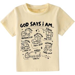 Kids Toddler Little Boys T-Shirt God Says I Am Construction Bible Verse Truck Excavator Tractor Shirt 2-7 Years