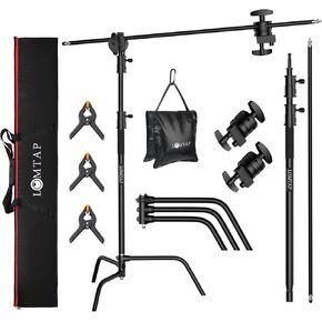 LOMTAP C Stand Light Stand Stainless Metal Photography Kit - Heavy Duty 6.8ft/210cm Vertical Pole, 2.8ft/87cm Boom Arm, Adjustable Base, Water Sandbag, 2 Grip Heads, 3 Clips for Softbox, Reflector