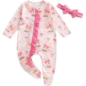 Easter Baby Girl Outfit Ruffle Bunny Print Footies Romper Jumpsuit Newborn Infant Baby Girl Easter Bunny Clothes