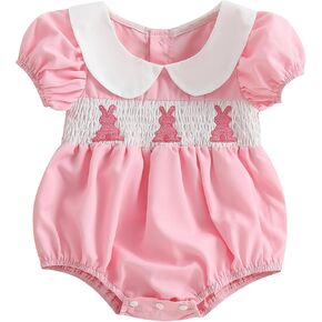 Easter Baby Girl Outfit Bunny Embroidery Bubble Romper Puff Short Sleeve Smocked Bodysuit Newborn Easter Clothes