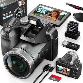 64MP Professional Digital Camera for Photography Autofocus, 5K Vlogging Camera for YouTube,16X Anti-Shake Compact Travel Camera with WiFi & App Control, Flash,SD Card, 2 Batteries (Black)