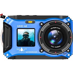 Digital Camera - 4K 56MP 33FT UHD Underwater Camera for Snorkeling with 32GB Card Dual-Screen Compact Waterproof Dustproof Floatable Camera - Autofocus Point and Shoot Digital Camera 1500mAh Battery