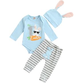 My First Easter 3Pcs Outfits Newborn Baby Boy Long Sleeve Letter Romper Rabbit Striped Trousers Bunny Hat Set