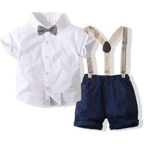 Baby Boys Gentleman Outfits Suits, Infant Short Sleeve Shirt+Bib Pants+Bow Tie Clothes Set