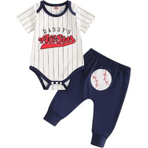 Omkzanbi Baby Boy Baseball Outfit Daddy's All Star Stripe Bodysuit Baseball Pants 2Pcs Father's Day Coming Home Outfit 0-18M