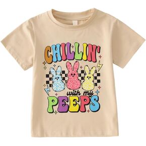 MODNTOGA Toddler Girl Easter Outfit Bunny Graphic T-Shirt Chillin' with My Peeps Letter Print Shirt Short Sleeve Tee Tops