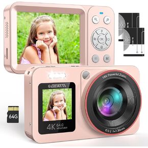 DEATTI Digital Camera,FHD 4K 64MP Camera with Dual Screens 64GB SD Card 2 Batteries,Digital Point and Shoot Camera,18X Zoom,Anti Shake Portable Rechargeable Selfie Camera for Teens Boys Girls Kids