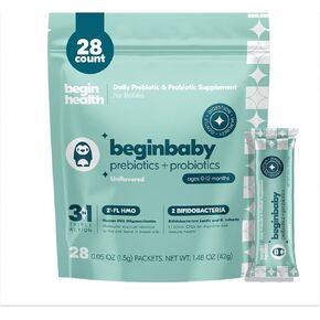 Beginbaby Prebiotics & Probiotics with 2'-FL Human Milk Oligosaccharide (HMO) Supplement for Babies (Ages 0-12 Months), Unflavored - 28 Pack