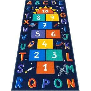 STARUIA Washable Hopscotch Kids Rug for Playroom, Colorful Educational Classroom Rugs with ABC Number, Non Slip Kids Play Rug Game Carpet for Bedroom Nursery Boy Girl （Blue, 31.5''x72''）