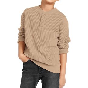 BOUTIKOME Waffle Sweatshirts for Toddler Baby Boys Buttons Fashion Shirts Kids Fall Pullover Long Sleeve Tops Clothes