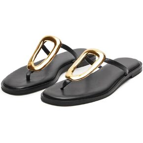 Flip-Flops for Women Thong Sandals Flat Black Slip on Slides Leather Beach Comfort Open Square Toe Ladies Slipper Dressy Metal Hardware Decoration Summer Shoes Casual Fashion