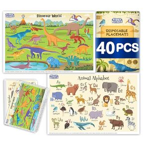 40 Pack Waterproof Disposable Placemats for Baby, Place mats for Kids, Toddler - Kids Placemats for Dining Table Tyke, Restaurants, and Travel (Dinosaur and Animal Alphabet Theme)
