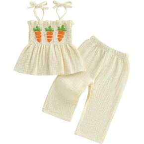 Toddler Infant Girl Easter Outfits Rabbit Print Tie-up Sleeveless Tops With Long Pants 2Pcs Summer Clothes Set