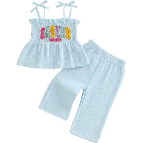 Toddler Infant Girl Easter Outfits Rabbit Print Tie-up Sleeveless Tops With Long Pants 2Pcs Summer Clothes Set in Kuwait