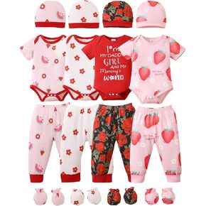 NZRVAWS Newborn Baby Boy Girl Clothes Unisex Infant Romper Pants Set Hat 4-Pack Outfits 0-12 Months 16 Pieces Toddler