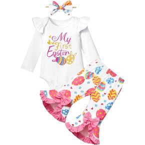 Baby Girl Easter Outfit My First Easter Ruffle Long Sleeve Romper+Easter Eggs Bell Bottoms with Bow Headband 3Pcs