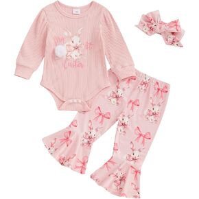 Baby Girl Easter Outfit Newborn Bunny Pompom Romper Onesie Bell Bottoms Pants My First Easter Baby Girl Clothes