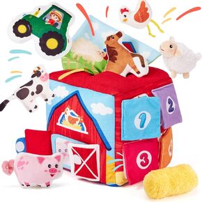hahaland Baby Toys 6-12 Months - 13 PCS Surprise Developmental Box with Stuffed Farm Animals, Rattle, Crinkle Tissue, Squeaker, Mirror - Soft Sensory Montessori Toy for Babies Easter Basket Stuffers