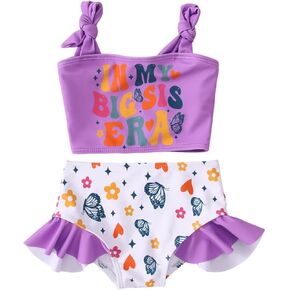 MODNTOGA Baby Girl Butterfly Swimwear Big Sis Era Graphic Bathing Suit Toddler Kid Flower Swimsuit Beachwear 2Pcs Bikini Set