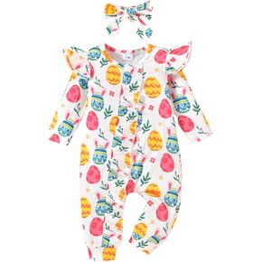 Springcmy Baby Girl Easter Jumpsuit Outfit Bunny Egg Carrot Onesie Romper Ruffle Zipper Bodysuit With Headband Clothes