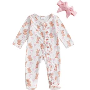 Newborn Baby Girl Easter Outfit Long Sleeve Bow Bunny Print Footies Zipper Jumpsuit Headband 2pcs Spring Clothes