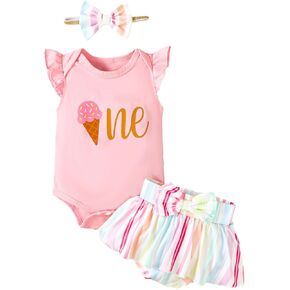 Shalofer 1st Birthday Outfit Girl Baby First Birthday Clothes Ice Cream One Year Old Birthday Skirt Set