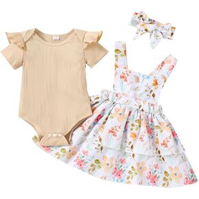 Baby Girl Summer Clothes Outfits Short Sleeve Cute Romper Overall Skirt Dress Headband 3PCS Newborn Outfit