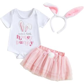 Newborn Easter Bunny Outfit Baby Girl Easter Outfits Bodysuit+ Tutu Skirt+ Bunny Ear Headband 3Pcs Clothes Set