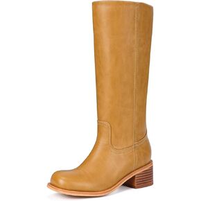 Mid Calf Boots for Women - Banana Square Toe Chunky Block Heel Calf High Boots, Comfortable Low Heel Pull On Spring Fall, Fashion Style for Dating, Dressy Everyday Chic