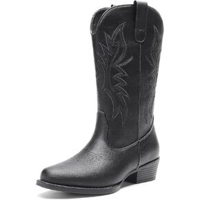 DREAM PAIRS Cowboy Boots for Women Cowgirl Western Mid Calf Boots Square Toe Embroidered Stitched Low Chunky Heel Pull On Fashion Boots