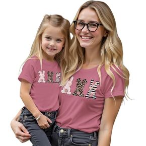 MODNTOGA Women Easter Outfit Shirt Toddler Girl Bunny T-Shirt Mommy and Me Leopard Rabbit Print Short Sleeve Pullover Tops