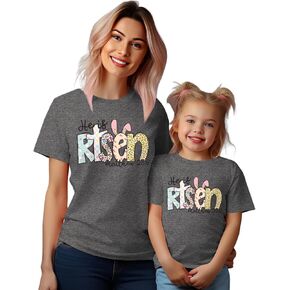 Mommy and Me Easter Shirt Jesus Christian Easter Tshirt Bible Verse Matthew 28:6 Outfit Retro Short Sleeve Tee Tops