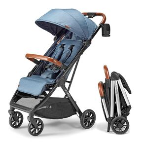 Bēbee V2 Lightweight Baby Stroller - Premium Vegan Leather, One-Hand Fold, Infinite Recline, Aircraft-Grade Aluminum Frame, XXL Canopy, and Ample Storage Umbrella Stroller - Storm Blue