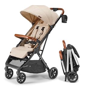 Bēbee V2 Lightweight Baby Stroller - Premium Vegan Leather, One-Hand Fold, Infinite Recline, Aircraft-Grade Aluminum Frame, XXL Canopy, and Ample Storage Umbrella Stroller - Sand