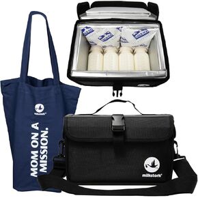 Milk Cubby Breast Milk Cooler Travel Bag, Safe Temperature Portable Breast Milk Cooler Bag with Ice Packs, Insulated Breast Milk Chiller, Extreme Temp Breastmilk Storage Cooler (Black + Tote Bundle)