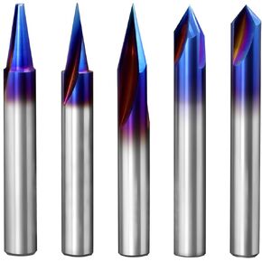 5 Piece Engraving CNC Wood Carving Router Bit with Nano Blue Coated Tungsten Soild Carbide 15° 20° 30° 60° 90° V Groove Endmill Bit Profile Router Bits for Sign Making