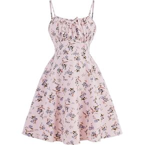 Girl's Ruched Bust Smocked Floral Dress Spaghetti Strap Bowknot Boho A Line Cami Sun Dresses