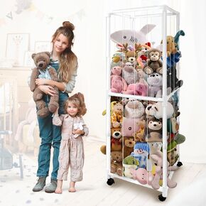 Stuffed Animal Storage Zoo with Wheels, Large Stuff Animals Plushies Holder Toy Organizer Kids Plush Storage Cage PVC with Elastic Band and Net for Nursery Playroom Corner for Toddler Boys Girls