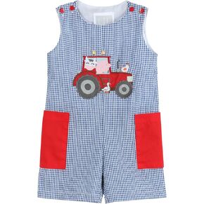 Blue Gingham Farm Animal Tractor Pocket Shortalls